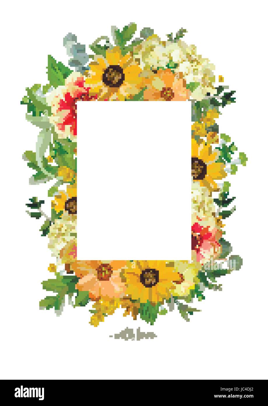 Vector Design vertikale Karte. Gelbe Sonnenblumen weichen Hortensie Blumen, rote Dahlie, Eukalyptus, Jasmin Zweige, Blätter. Fallen Sie elegante Sommer Herbst bla Stock Vektor