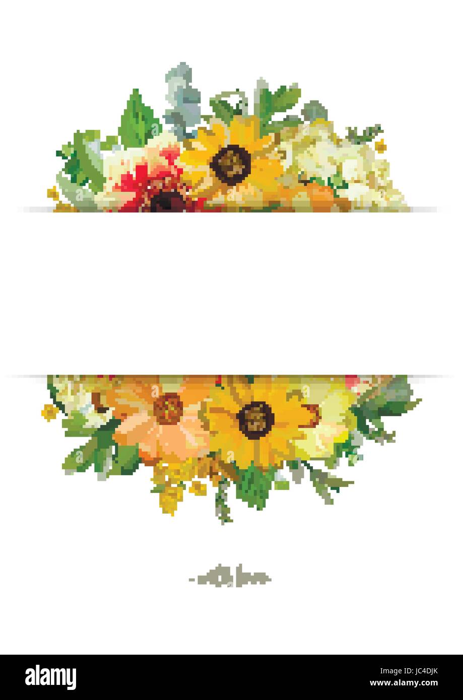 Vector Design vertikale Karte. Gelbe Sonnenblumen weichen Hydrangea blüht, orange Dahlia, Eukalyptus, Jasmin Zweige Blätter. Elegante Sommer Herbst leer Stock Vektor