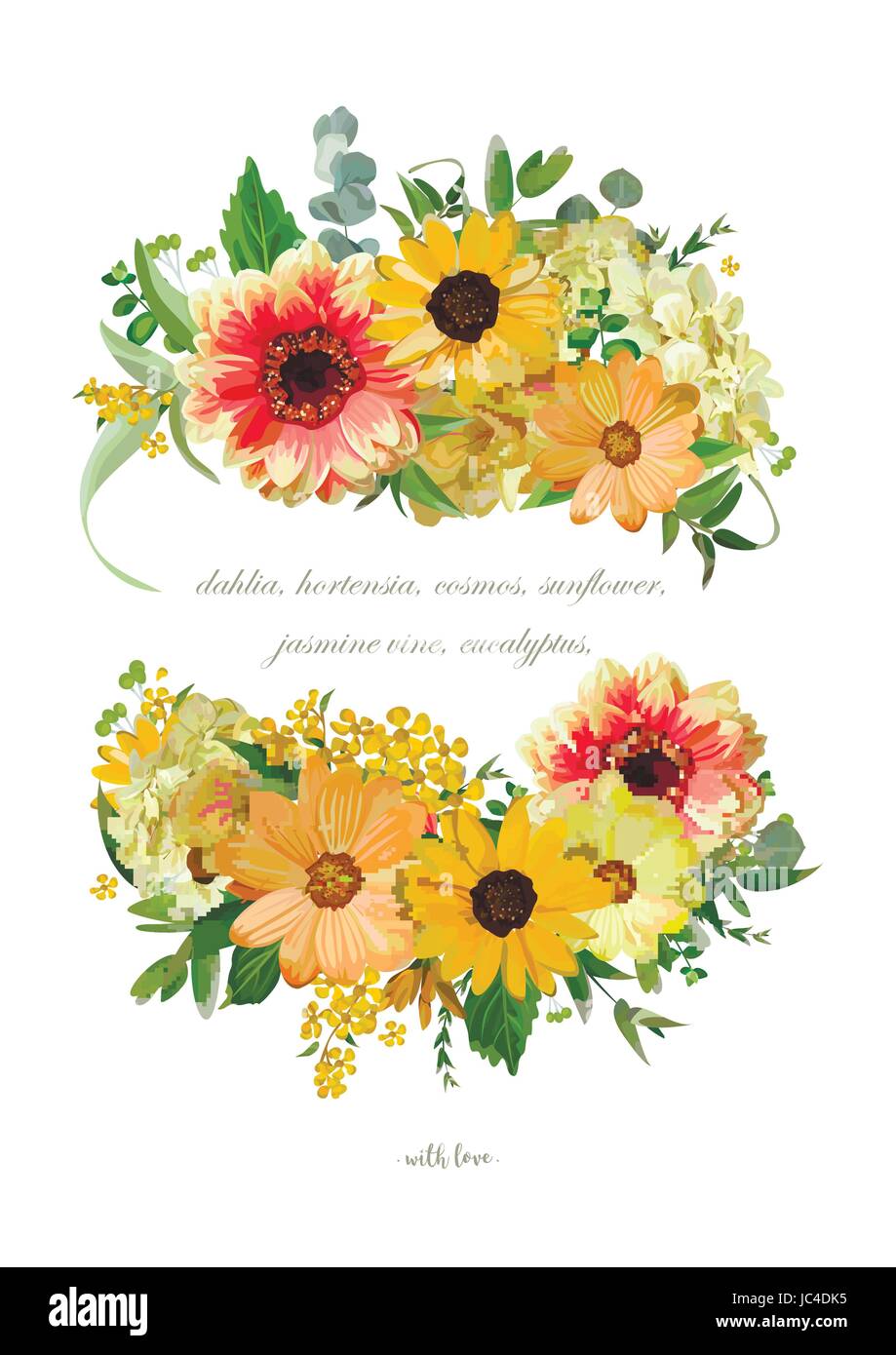 Vector Design vertikale Karte, Auflistung von Strauß. Kleine gelbe Hortensie Eukalyptusblätter Blumen, orange Dahlie, Sonnenblume. Elegante Sommer, ein Stock Vektor