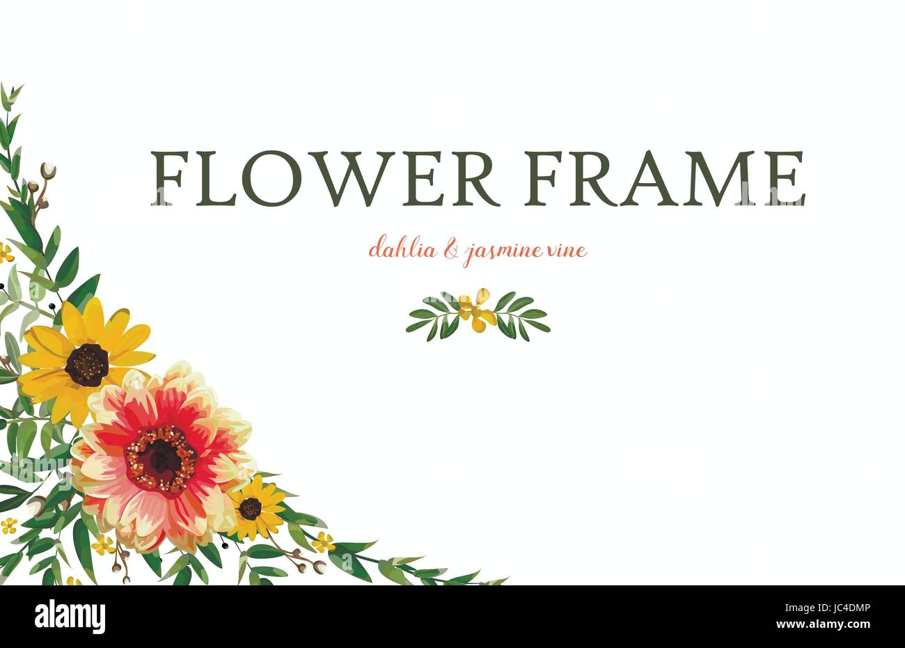 Blumen Kranz gelb orange Dahlia Sonnenblume, Eukalyptusblätter schönen Sommer Bouquet Vektor Illustration horizontal elegant Aquarell Topdesign Stock Vektor