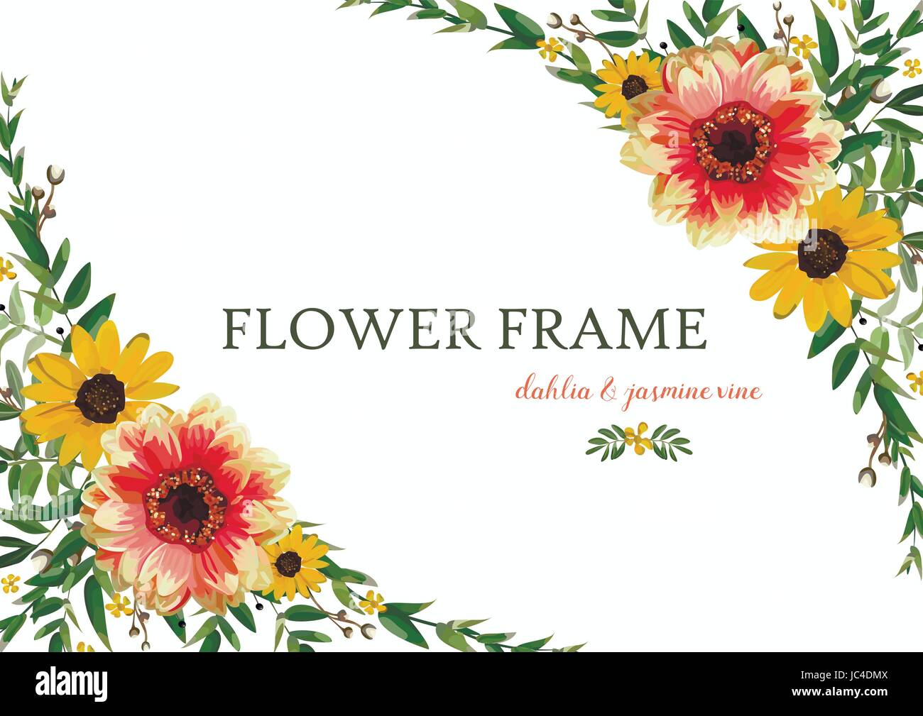 Blumen Kranz gelb orange Dahlia Sonnenblume, Eukalyptusblätter schönen Sommer Bouquet Vektor Illustration horizontal elegant Aquarell Topdesign Stock Vektor