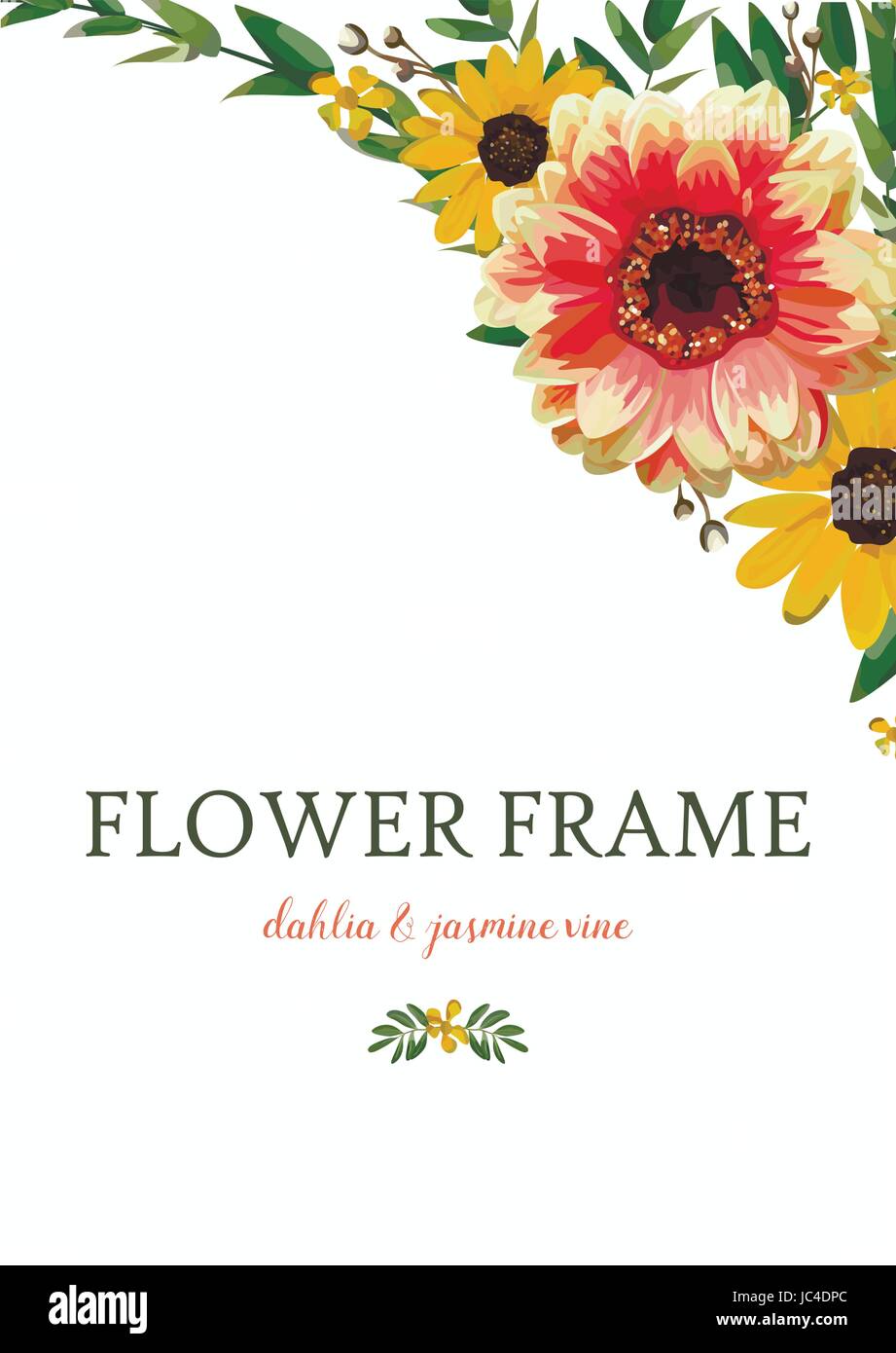 Blume Kranz orange Dahlia gelben Sonnenblume, grüne natürliche Eukalyptusblätter schöne Herbst Strauß Vektor Illustration Draufsicht vertikale Aqua Stock Vektor
