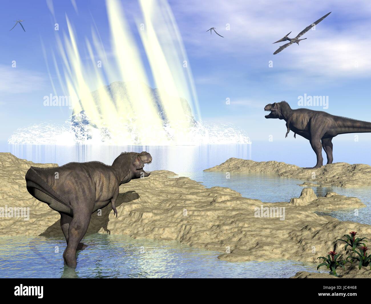 Tyrannosaurus Rex und Pteranodon betrachten Meteoriteneinschlag in Yucatan, Mexiko, die erstellt Chicxulub-Krater und induzierte Ende der Dinosaurier - 3D render Stockfoto