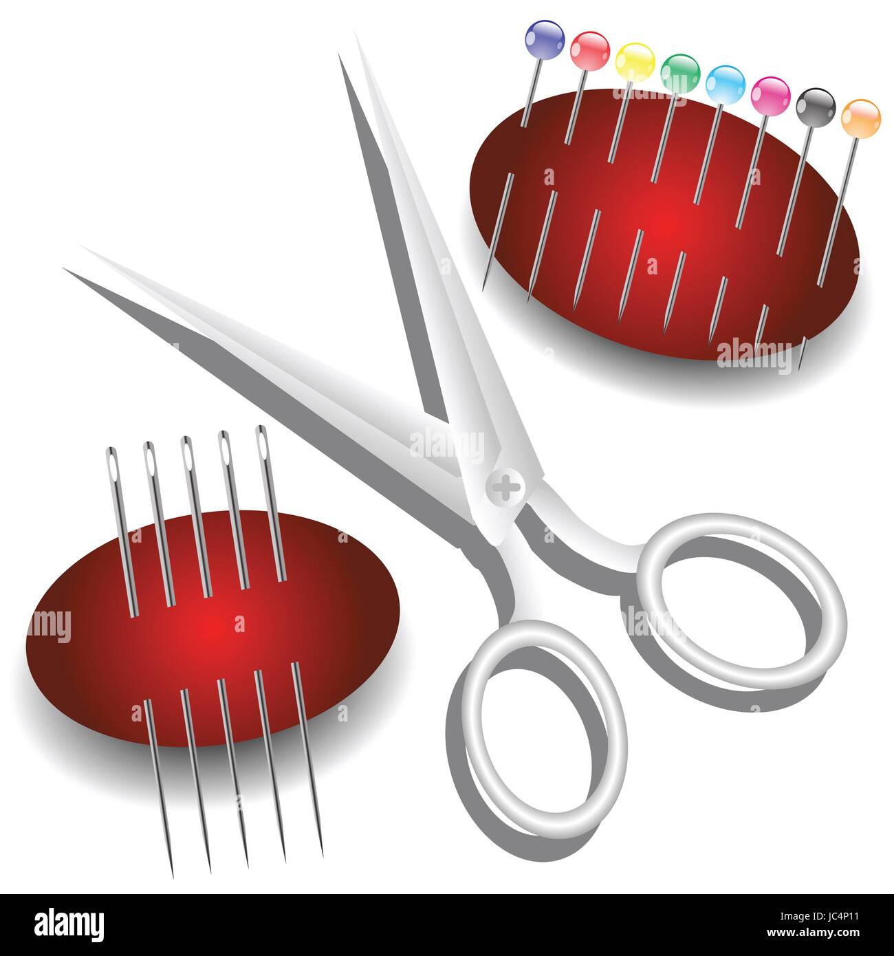 Bunte Illustrationen mit Schere, Nadeln und Stifte auf weißem Hintergrund Stockfoto