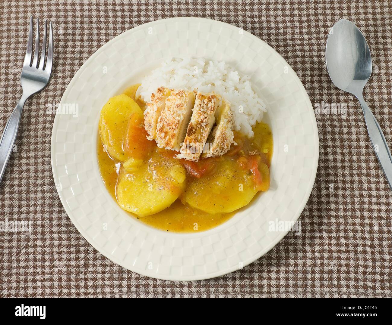 Japanische Küche und Essen, leckere frittierte Schweineschnitzel oder Tonkatsu mit gekochtem Reis und Curry-Sauce serviert. Stockfoto