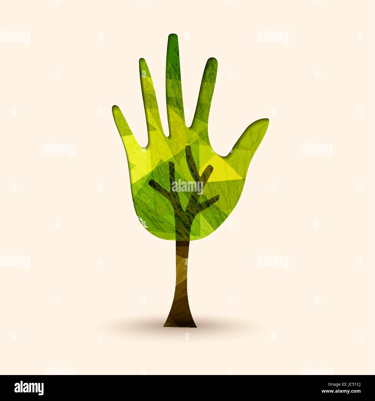 Grüne Hand-Baum-Symbol mit Holzstruktur. Konzept-Illustration für Umwelt-Pflege oder Natur-Help-Projekt. EPS10 Vektor. Stock Vektor