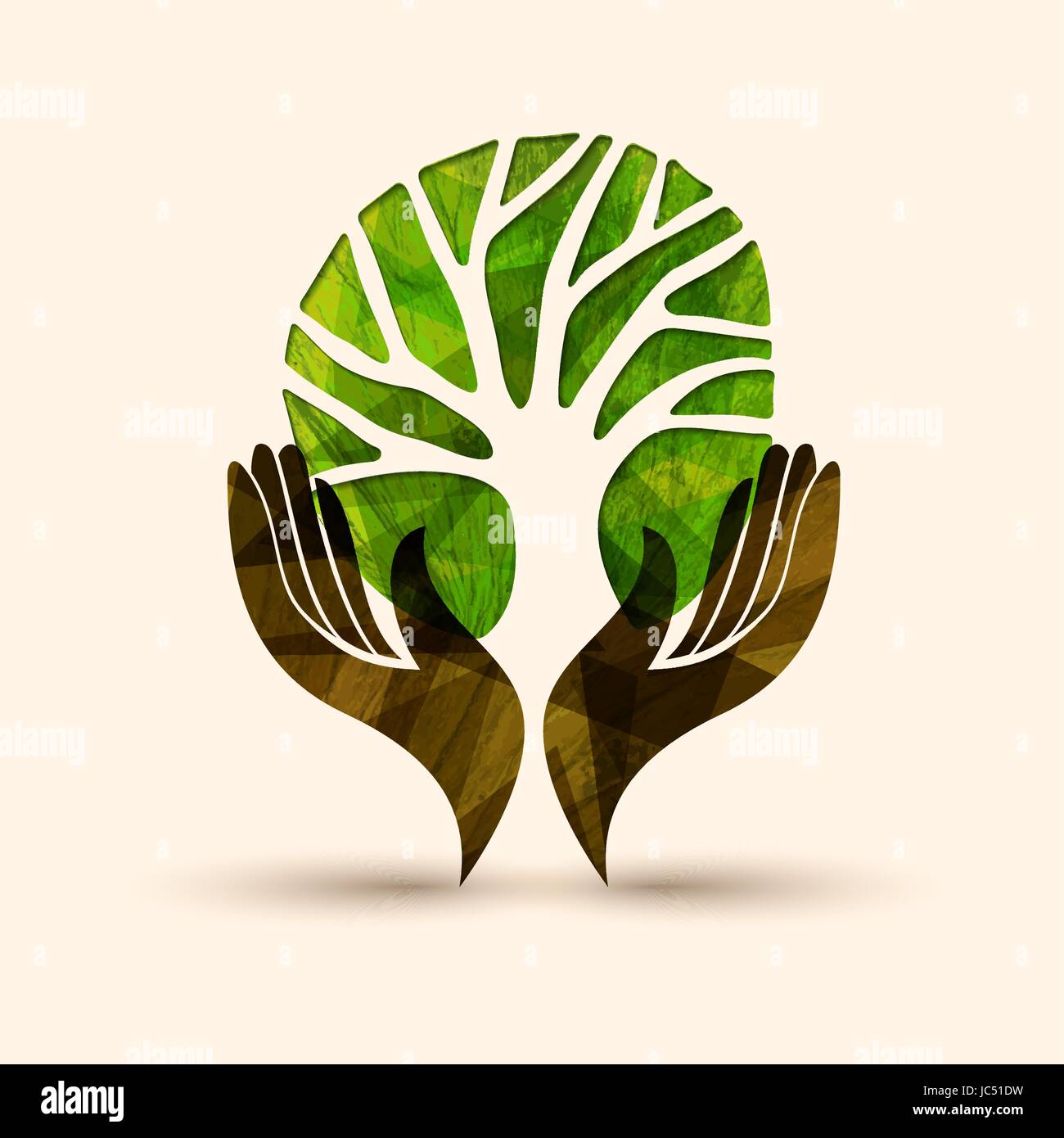 Menschliche Hände halten grüner Baum-Symbol mit Natur-Textur. Konzept-Illustration für Umweltprojekt Betreuung oder Hilfe. EPS10 Vektor. Stock Vektor