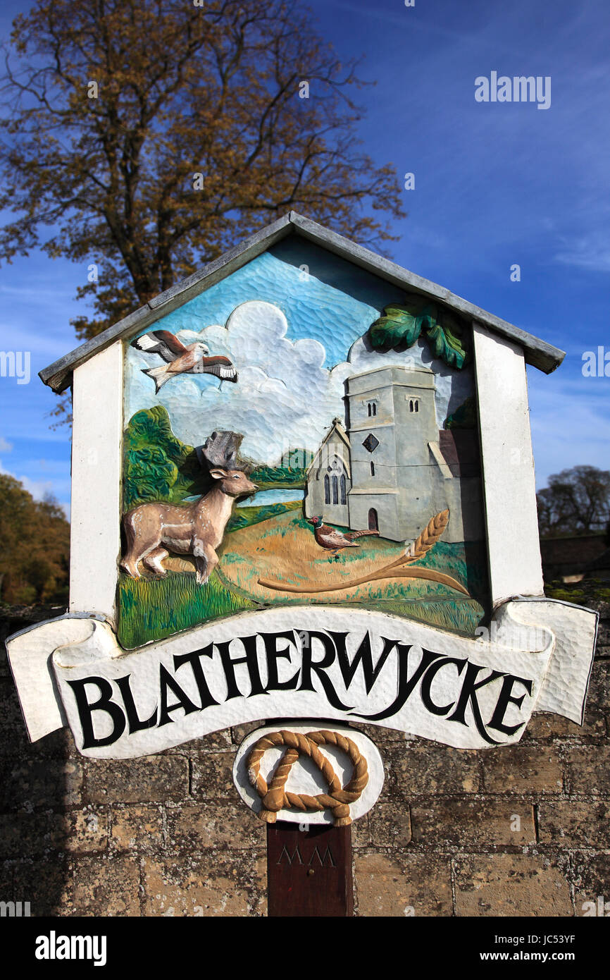 Blatherwycke Ortsschild; Grafschaft Northamptonshire; England Stockfoto
