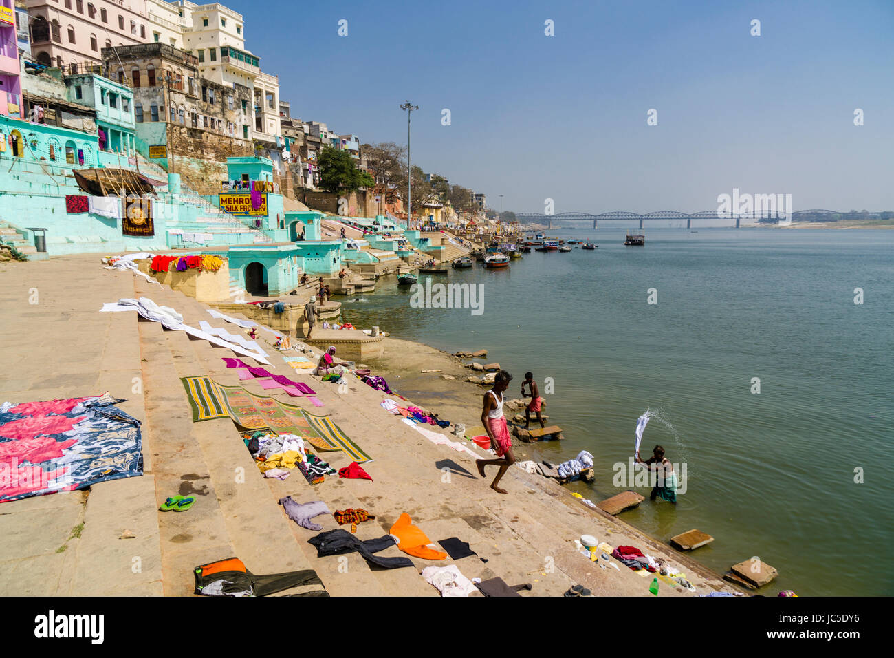 Die Wäsche wird von der dhobi Kaste an sheetla Ghat am heiligen Fluss Ganges in der Vorstadt godowlia gewaschen Stockfoto Die Wäsche wird von der dhobi Kaste an sheetla Ghat am heiligen Fluss Ganges in der Vorstadt godowlia gewaschen Stockfoto