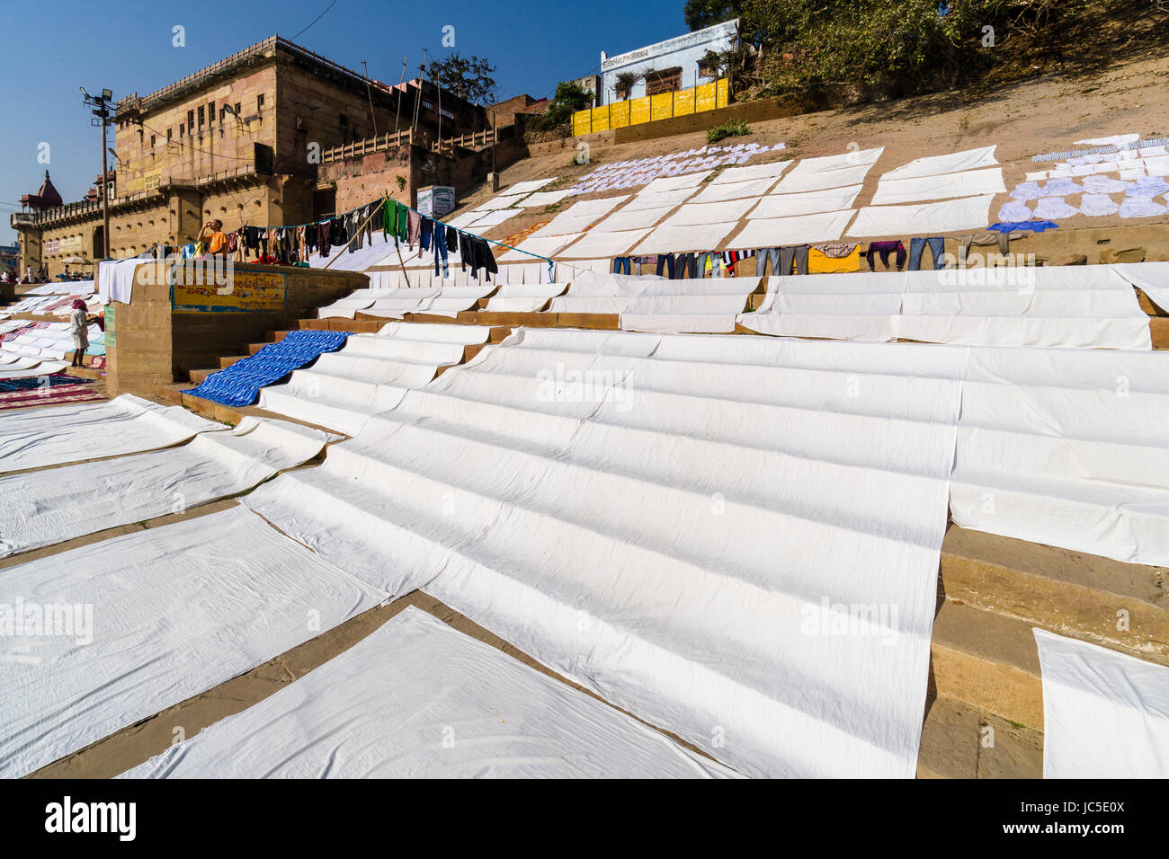 Die Wäsche wird gewaschen und von der dhobi Kaste an pandey Ghat zu trocknen am heiligen Fluss Ganges in der Vorstadt godowlia Stockfoto Die Wäsche wird gewaschen und von der dhobi Kaste an pandey Ghat zu trocknen am heiligen Fluss Ganges in der Vorstadt godowlia Stockfoto