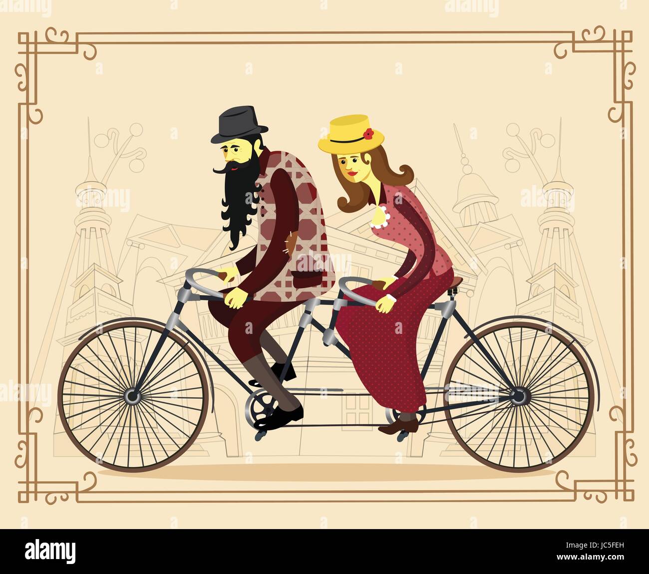 Vektor-Wohnung glücklich reifer Mann und Frau mit alten Retro-Tandem Fahrrad. Liebe paar. Valentinstag-Grußkarte. Vektor-Cartoon-Illustration. Stock Vektor