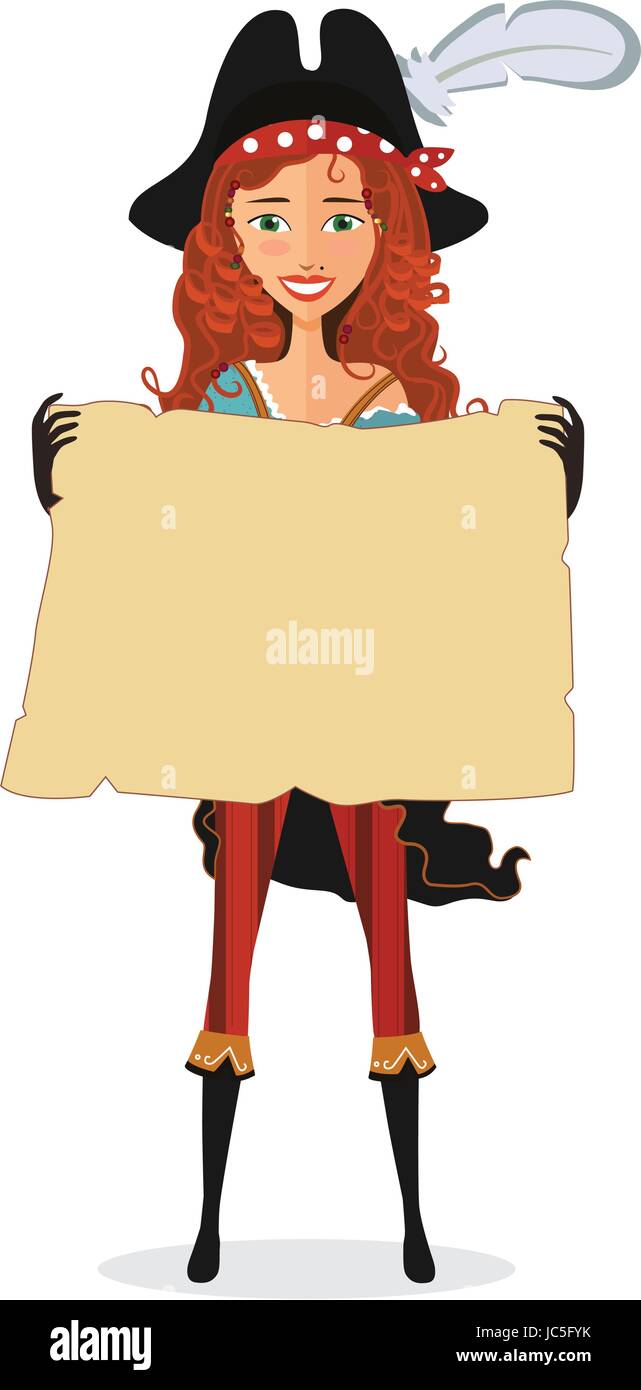 Piratin mit Karte. Piraten Frau mit Scroll isoliert auf einem weißen Hintergrund. Vektor-Illustration. Stock Vektor