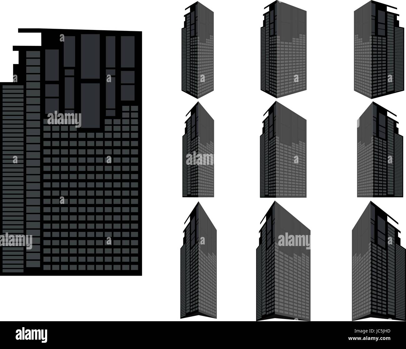 Hochhaus-Vektor-Set. Sammlung von Stadt und Landschaft. Gebäude mit vielen Ansichten Stock Vektor