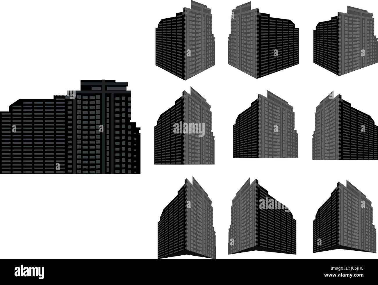 Hochhaus-Vektor-Set. Sammlung von Stadt und Landschaft. Gebäude mit vielen Ansichten Stock Vektor