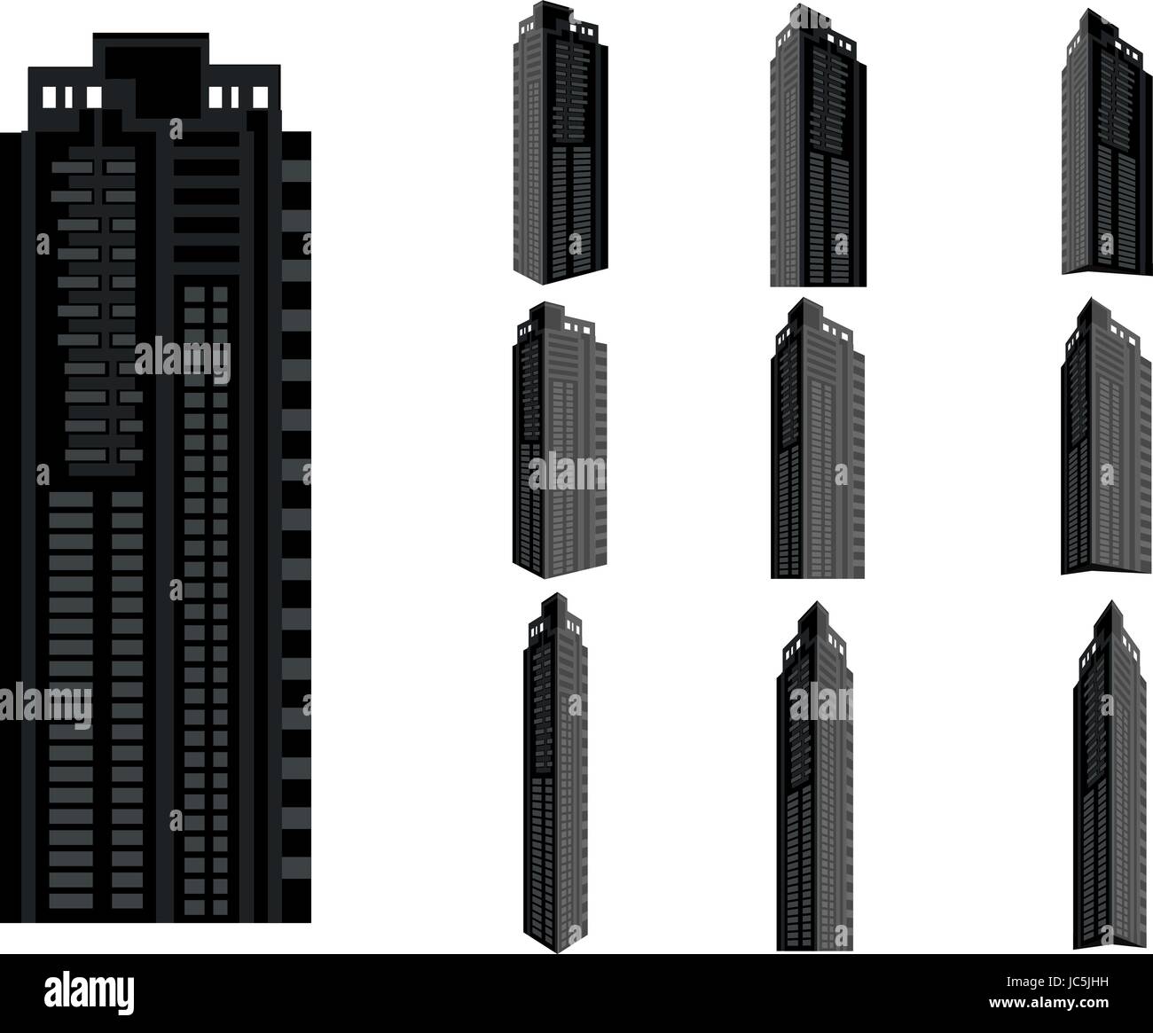 Hochhaus-Vektor-Set. Sammlung von Stadt und Landschaft. Gebäude mit vielen Ansichten Stock Vektor