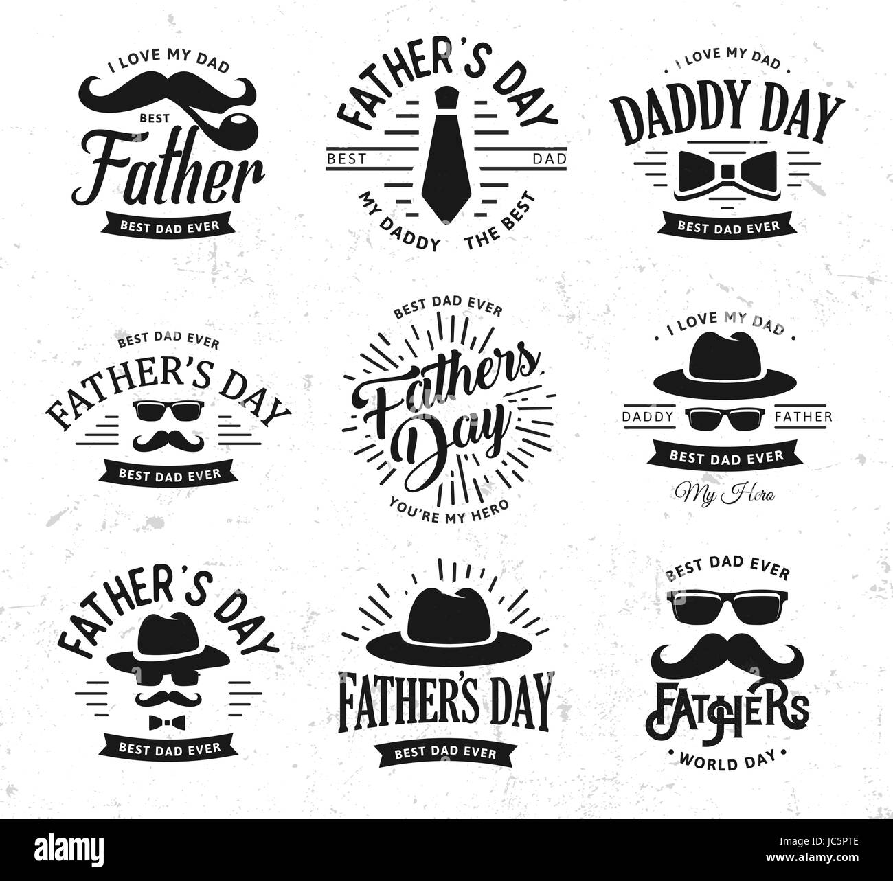 Glückliche Vatertag-Design-Kollektion. Satz von Schwarz Vintage-Stil Vater Logo auf leichten Grunge Hintergrund. Vektor-illustration Stock Vektor