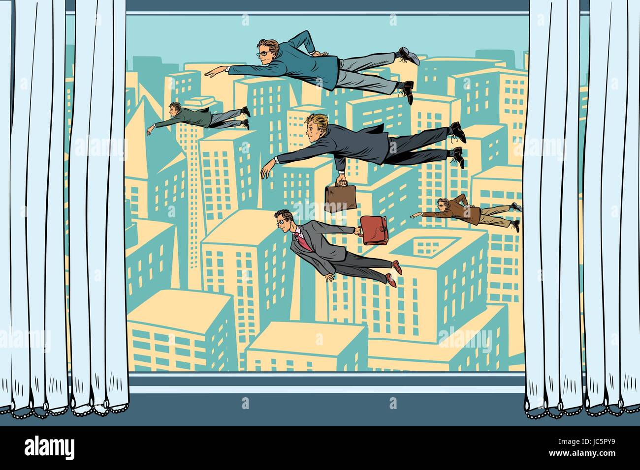Geschäftsleute fliegen am Fenster vorbei. Cartoon Comic-Illustration Pop-Art Retrostil Vektor Stock Vektor