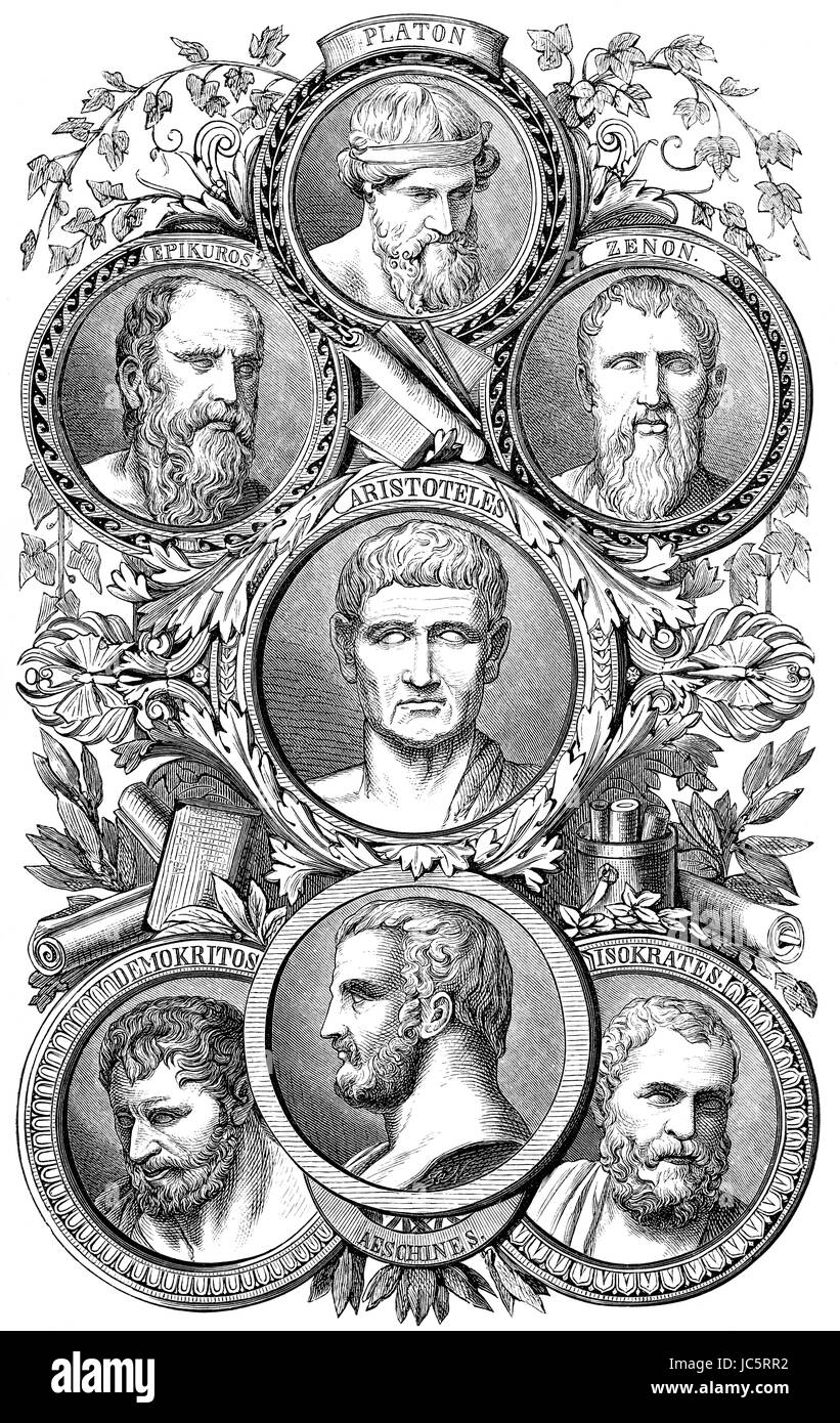 Plato, Zeno von Citium, Epikur, Sokrates, Aristotle, Demokrit und Aeschines Sphettus, klassischen griechischen Philosophen Stockfoto