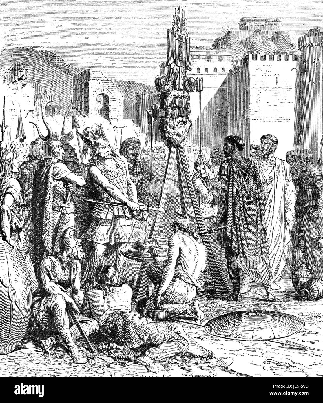 Brennus oder Brennos und seinen Anteil an der Beute nach der Schlacht von Allia, antiken Rom Stockfoto