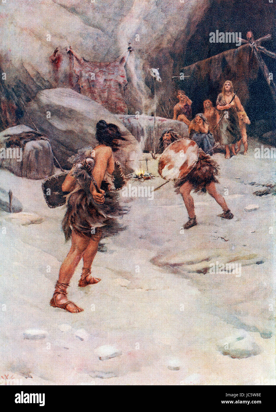 Urmenschen.  Nach dem Gemälde von William Wiehe Collins (1862 –1951).  Hutchinson Geschichte der Nationen veröffentlichte 1915. Stockfoto
