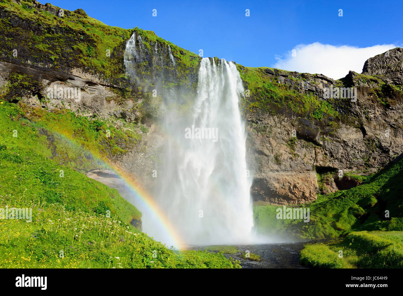 Wasserfall Seljalandsfoss, Fluss Seljalandsa, Island, Wasserfall Seljalandsfoss, Fluss Seljalandsa, Island Stockfoto