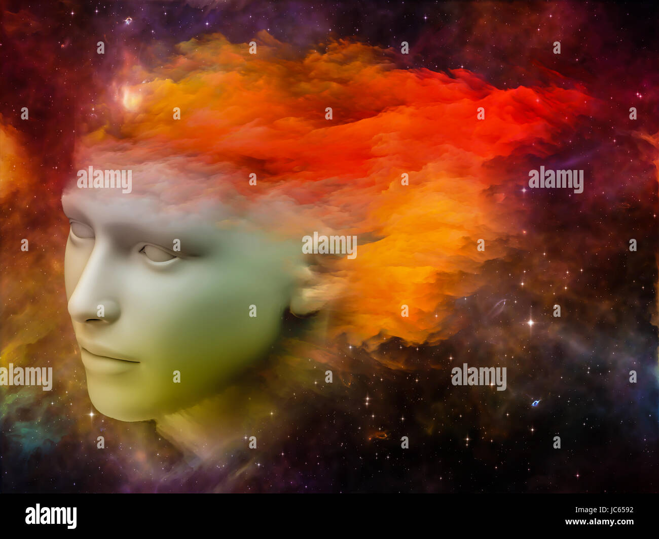 Bunte Mind-Serie. Zusammensetzung des menschlichen Kopfes und Fraktale Farben geeignet als Kulisse für die Projekte auf träumen, denken, Bewusstsein, Geist und Phantasie Stockfoto