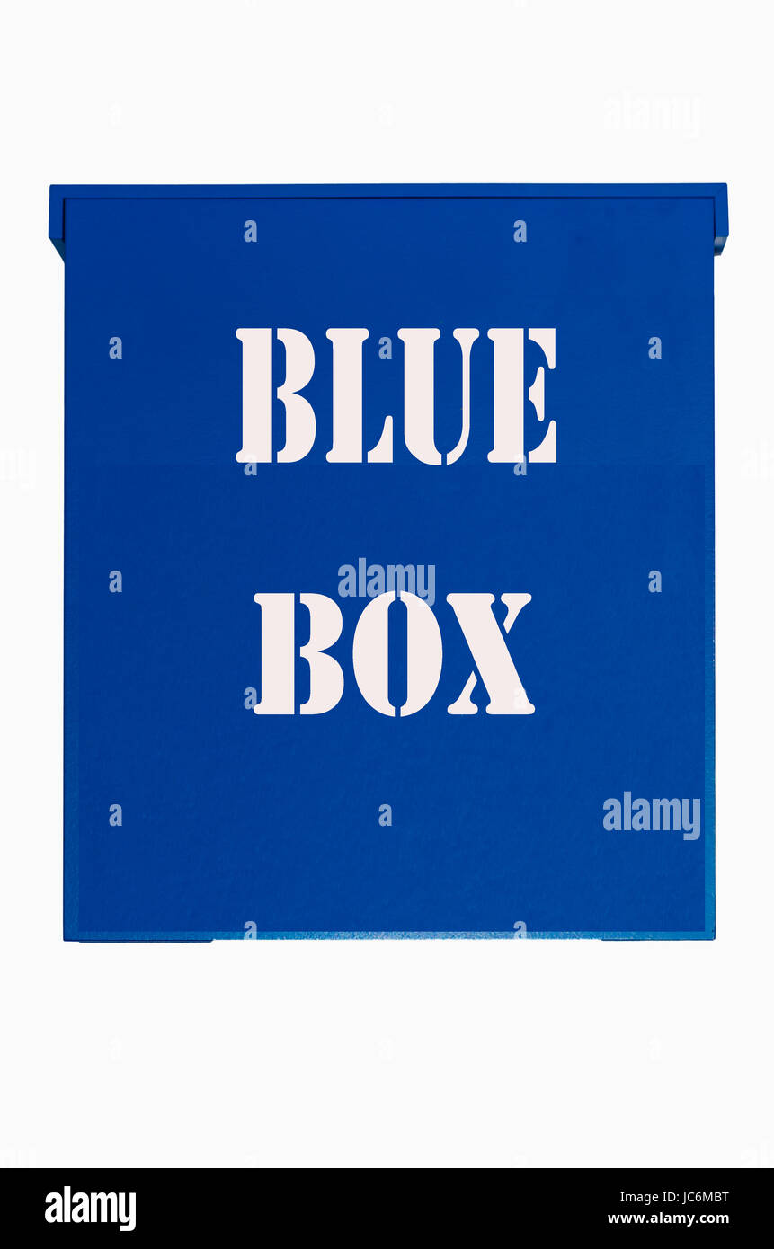 Blauer Hölzkasten Mit Aufschrift Blue Box Auf Weißem Hintergrund. Stockfoto