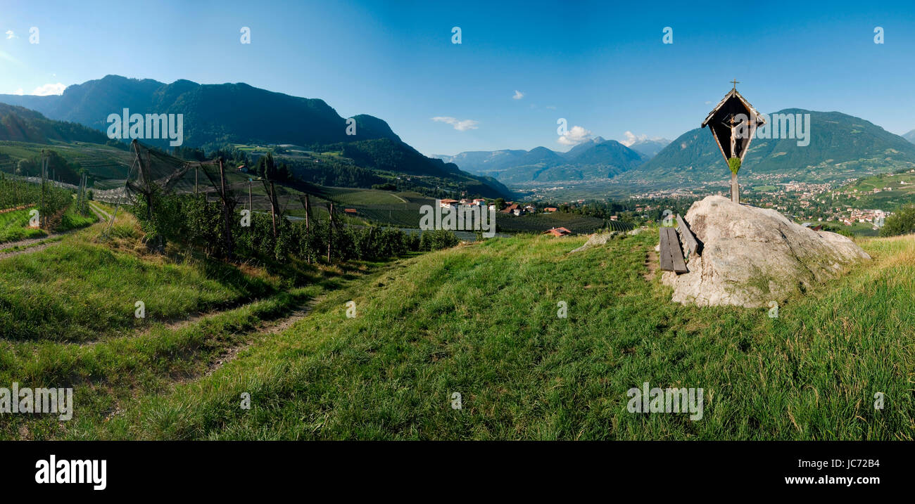 Panorama-Ansicht Oberhalb der Stadt Meran / Südtirol Mit Kreuz Zwischen Apfel-Plantagen Und Blick Auf die Gegenüberliegende Texelgruppe Stockfoto