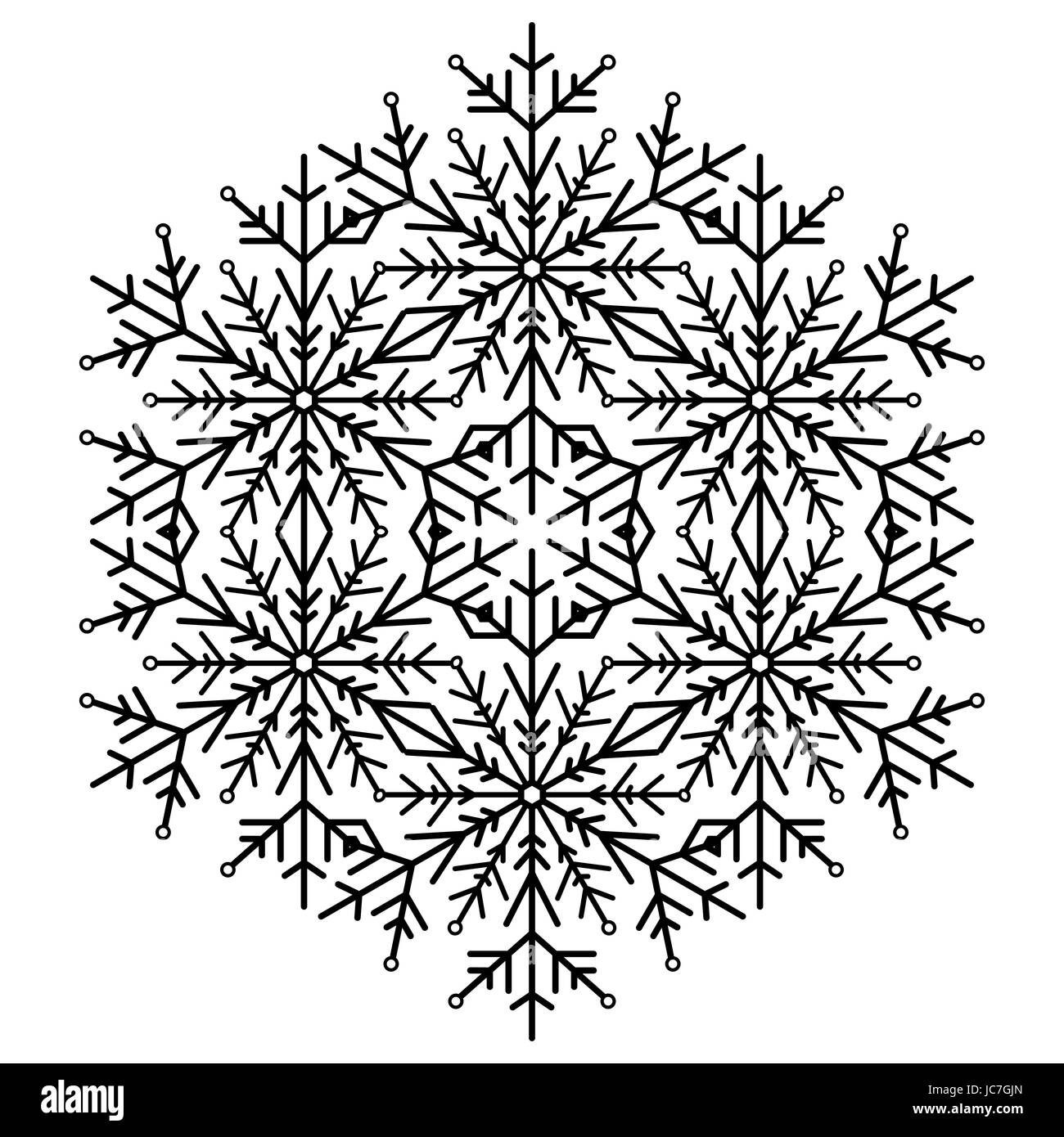 Runde Schneeflocke. Schwarz / weiß abstrakte Winter Ornament. Feine Schneeflocke Stockfoto