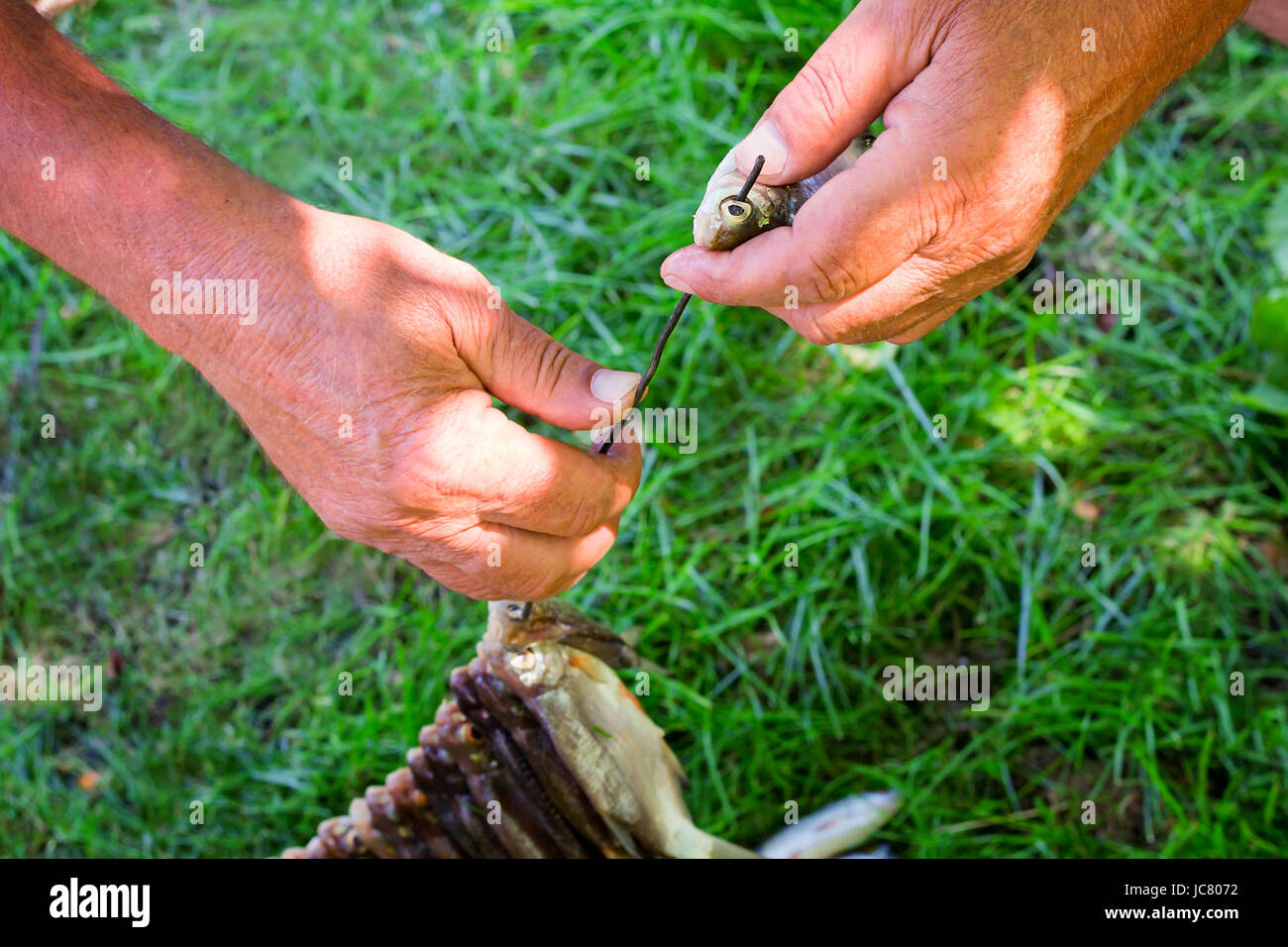 Die Fischer am Ufer Flusses in der hand der Haken hält: drei kleine Fische gefangen. Stockfoto