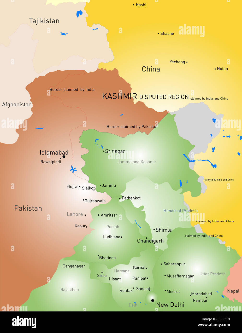 Mappa della regione del kashmir Fotos und Bildmaterial in hoher