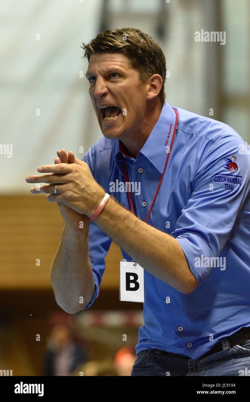 Brünn, Tschechien. 14 Juni, 2017. Tschechische Coach Daniel Kubes reagiert während der näheren Bestimmung der Europäischen Männer Handball-WM: Tschechien vs Island in Brünn, Tschechische Republik, 14. Juni 2017. Credit: Vaclav Salek/CTK Photo/Alamy leben Nachrichten Stockfoto