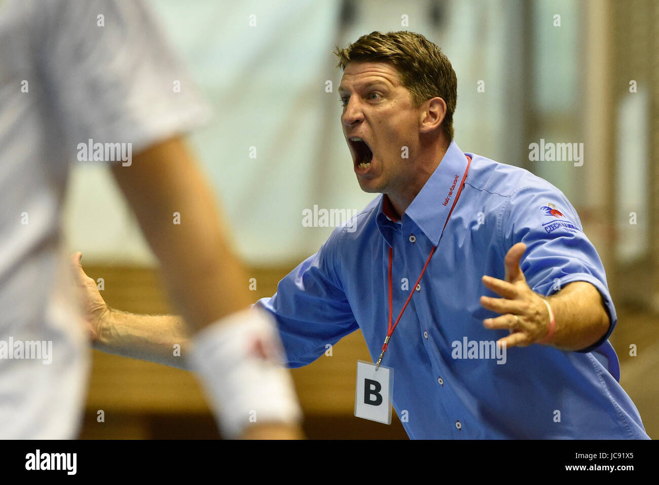 Brünn, Tschechien. 14 Juni, 2017. Tschechische Coach Daniel Kubes reagiert während der näheren Bestimmung der Europäischen Männer Handball-WM: Tschechien vs Island in Brünn, Tschechische Republik, 14. Juni 2017. Credit: Vaclav Salek/CTK Photo/Alamy leben Nachrichten Stockfoto