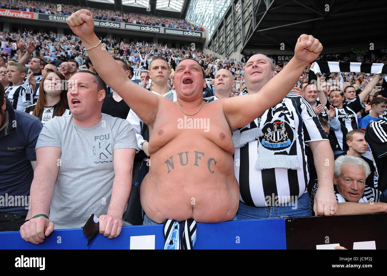 NEWCASTLE FAN feiert NEWCASTLE V IPSWICH NEWCASTLE V IPSWICH ST JAMES PARK NEWCASTLE ENGLAND 24. April 2010 Stockfoto