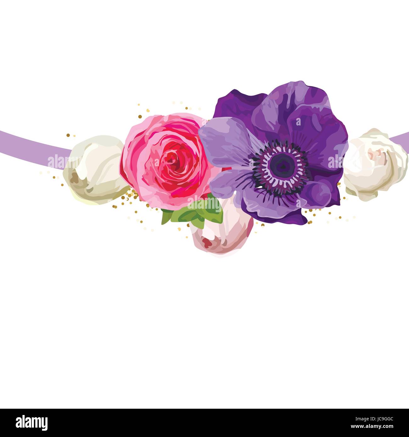 Helle Blume Blumen rosa Rose Anemone schönen schönen Frühling Sommer Bouquet Vektor-Illustration verlässt. Moderne quadratische elegante Aquarell de Draufsicht Stock Vektor