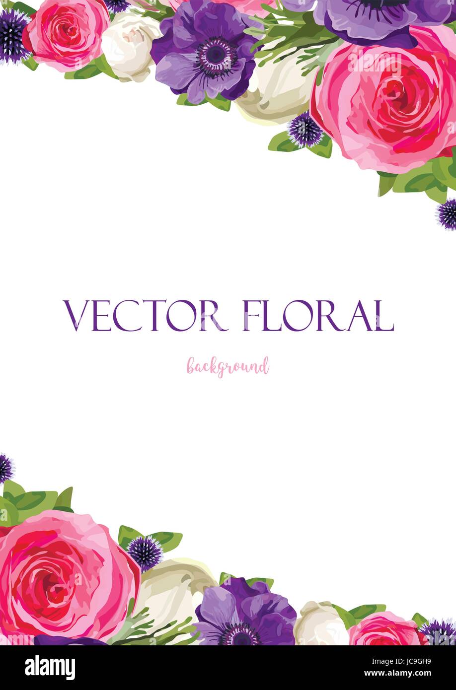 Blume Blumen hell rosa Rose Anemone Distel lässt schöne schöne Spring Summer Bouquet Vektor-Illustration. Ansicht von oben senkrecht elegante Aquarell Stock Vektor
