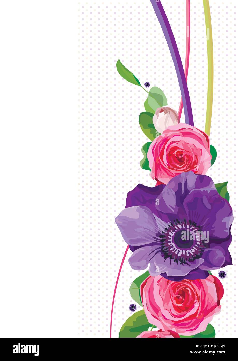 Blume helle Blume heißen rosa Rose Anemone Distel lässt schöne schönen Frühling Sommer Bouquet Vektor-Illustration. Ansicht von oben senkrecht elegante ve Stock Vektor