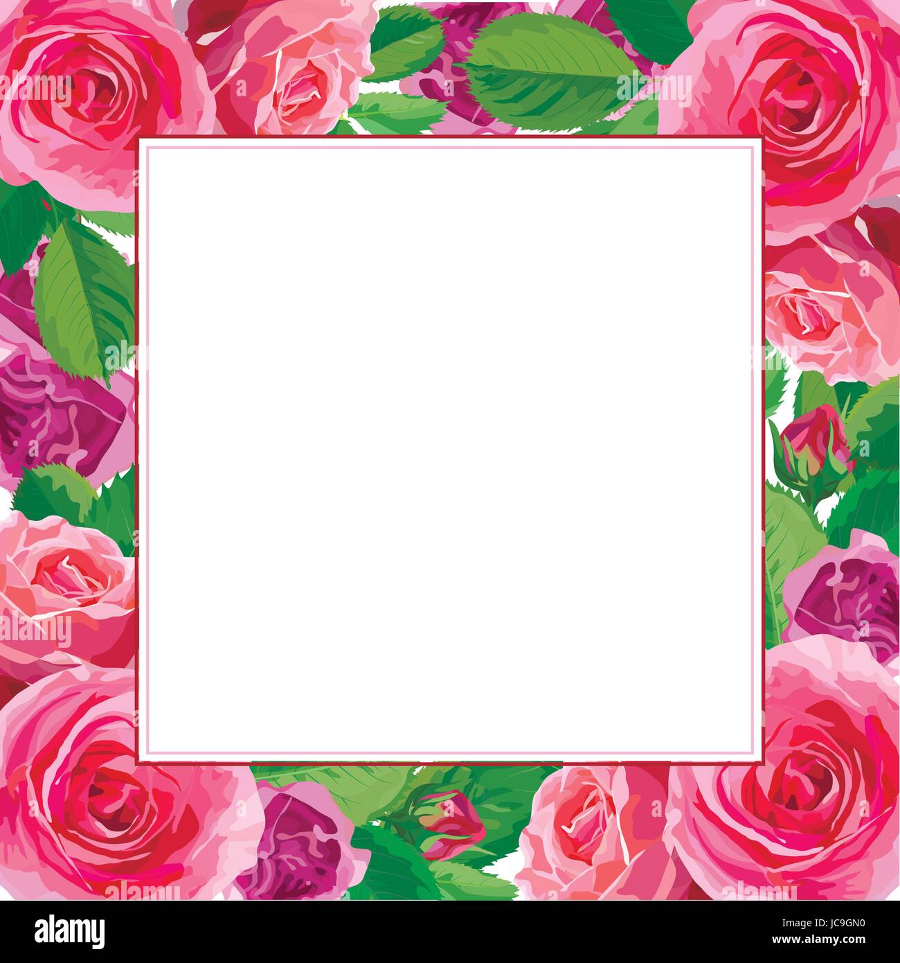 Blüte rosa blühende Blumen, die schönen schönen Frühling Sommer Bouquet Vektor-Illustration Rosenblätter. Draufsicht quadratisch elegant Aquarell Frame design Stock Vektor