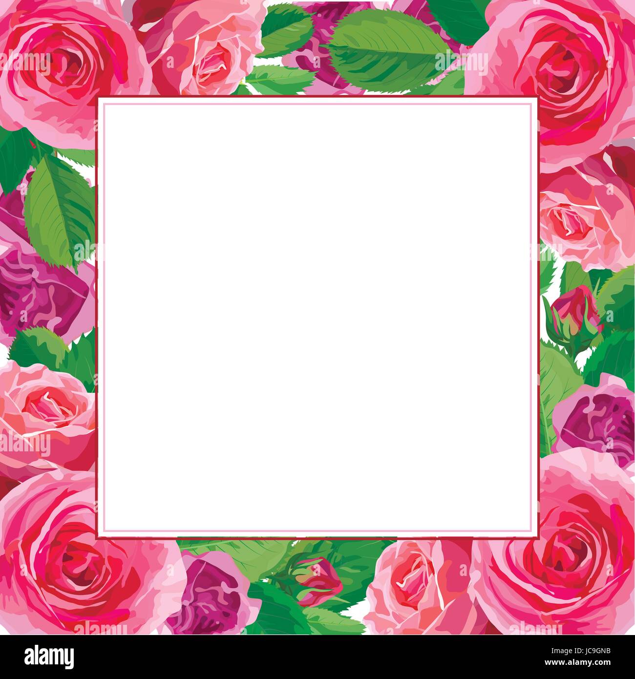 Blüte rosa blühende Blumen, die schönen schönen Frühling Sommer Bouquet Vektor-Illustration Rosenblätter. Draufsicht quadratisch elegant Aquarell Frame Design w Stock Vektor