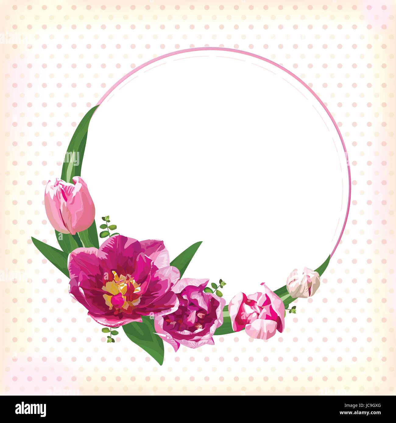 Blume-Kreis um Kranz Coronet Blumen rosa lila Tulpen Farn Blätter schönen schönen Frühling Sommer Bouquet Vektor-Illustration. Ansicht von oben Platz Stock Vektor