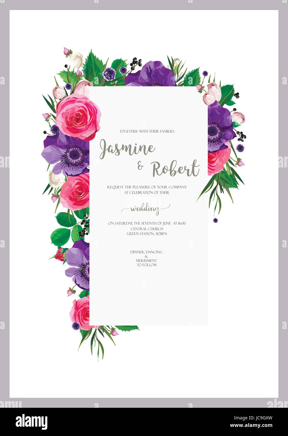 Blume Eukalyptusblätter Blumen Anemone rosa Garten Rose Kranz Hochzeitskonzept Ornament. Traditionelle, Poster abstrakte Kunstelement. Vektor senkrecht Stock Vektor