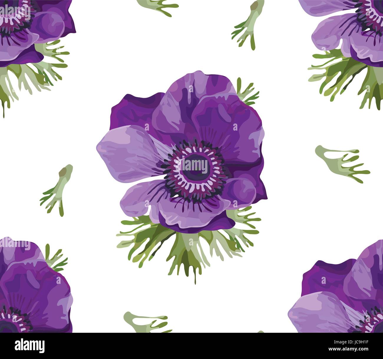 Vintage Anemone Coronaria lila Mohn wunderschöne Blumen, Blätter Hintergrund, Weiblich blühende nahtlose Tapete botanische feinen Blumenmuster ve Stock Vektor