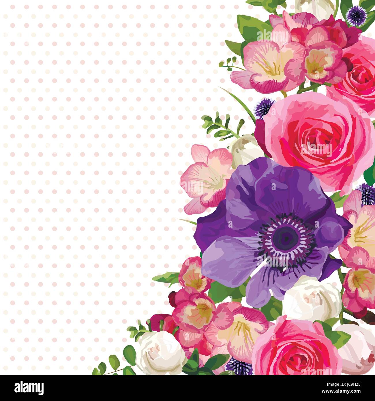 Blume Blumen heißen rosa Rose Anemone Distel lässt schöne schönen Frühling Sommer Bouquet Vektor-Illustration. Ansicht von oben eckig elegante Aquarell Stock Vektor