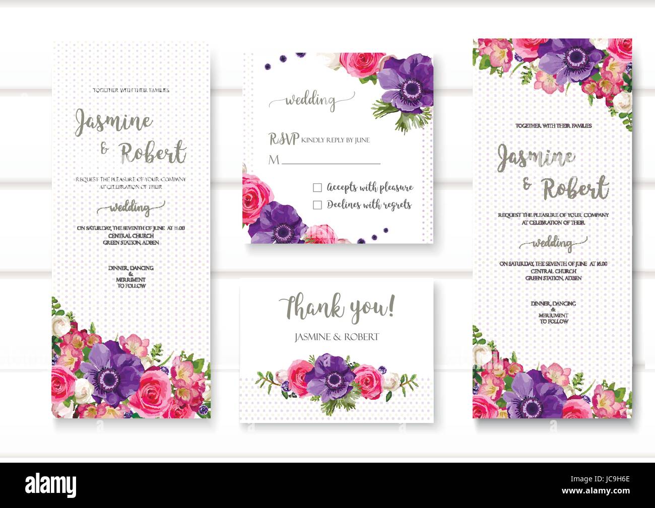 Satz von Blume Anemone rose Freesie Hochzeit Einladung Konzept. Kunst Poster abstrakte Federelement. Vektor-schönes florales Layout dekorative ethnischen gr Stock Vektor