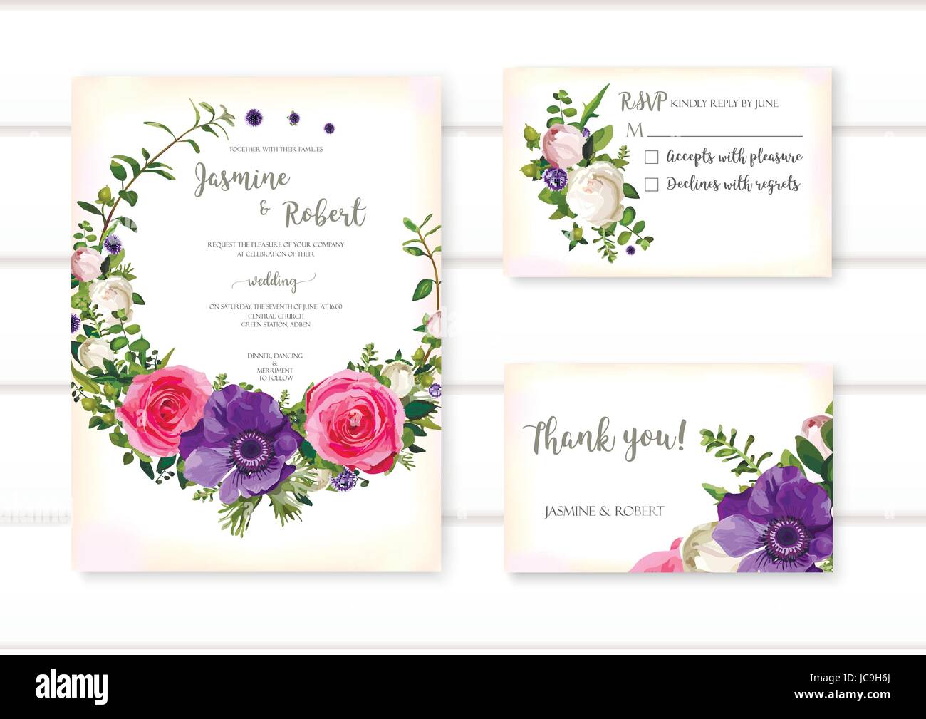 Satz von Blume Anemone und rose Kranz Hochzeitskonzept Ornament. Traditionelle, Poster abstrakte Kunstelement. Vektor-schönes florales Layout dekorative et Stock Vektor