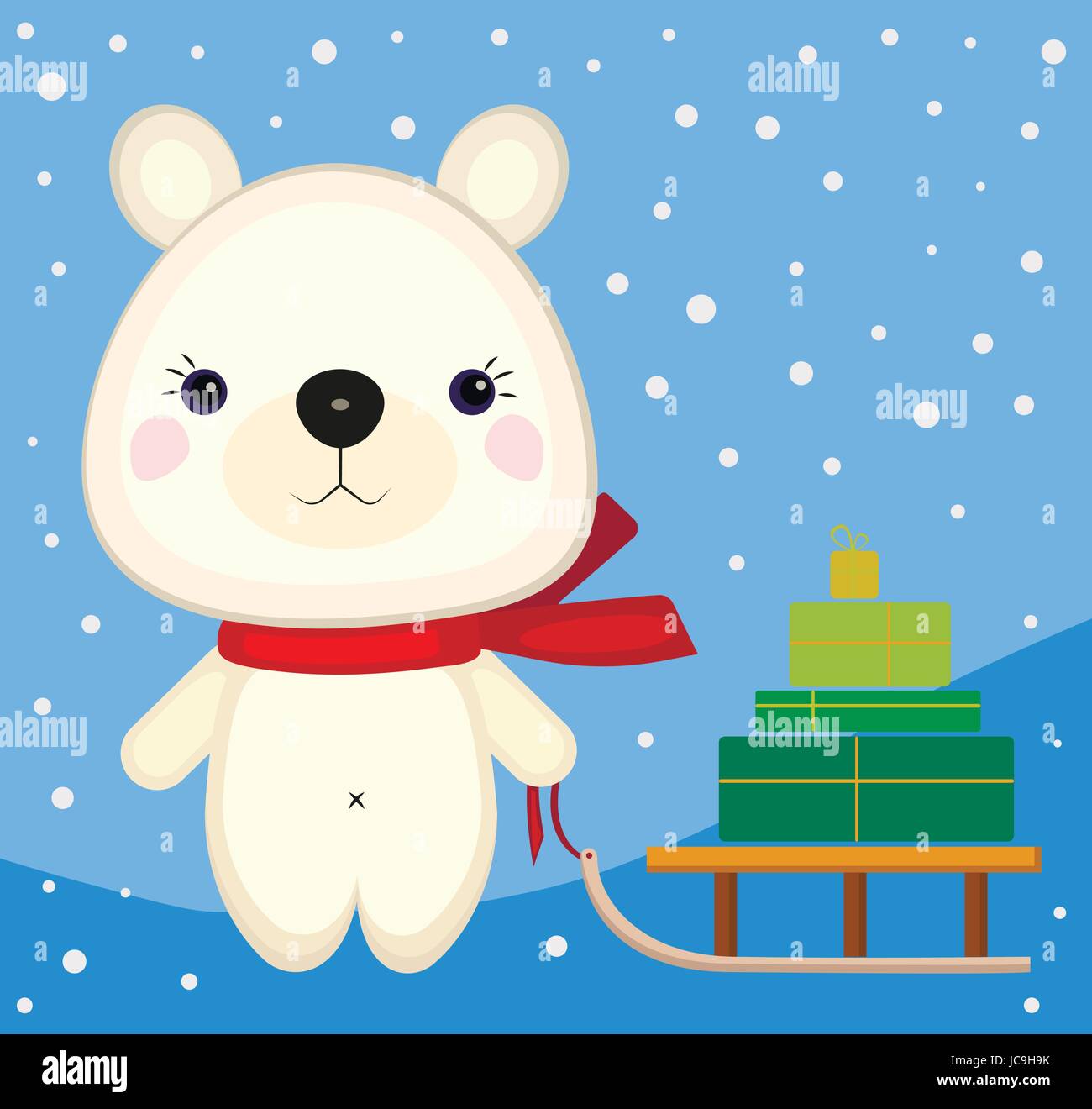 Bär Bruin wenig cartoon Teddy tierische Geschenke Schal Schnee Schlitten Winter süße Weihnachten Weihnachten Neujahr Karte Postkarte Zeichen flaches Design Vektor horizontale clos Stock Vektor