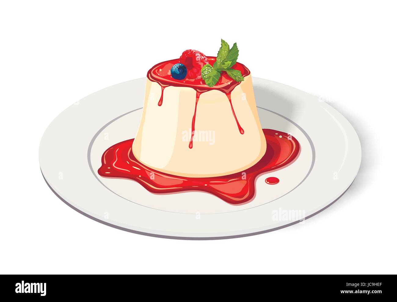 Pannacotta: Himbeermarmelade Marmelade Heidelbeere Beeren Minze Blätter Platte. Horizontale Seite Ansicht Closeup Vektorgrafik italienischen frisch cremig süß Stock Vektor