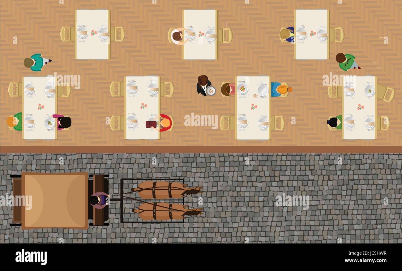 Restaurant Cafe Restaurant Hash House im inneren Menschen essen Essen sitzen serviert Tischkellner Festlegung outdoor Stein Straße horse Trainer Treiber. V Stock Vektor