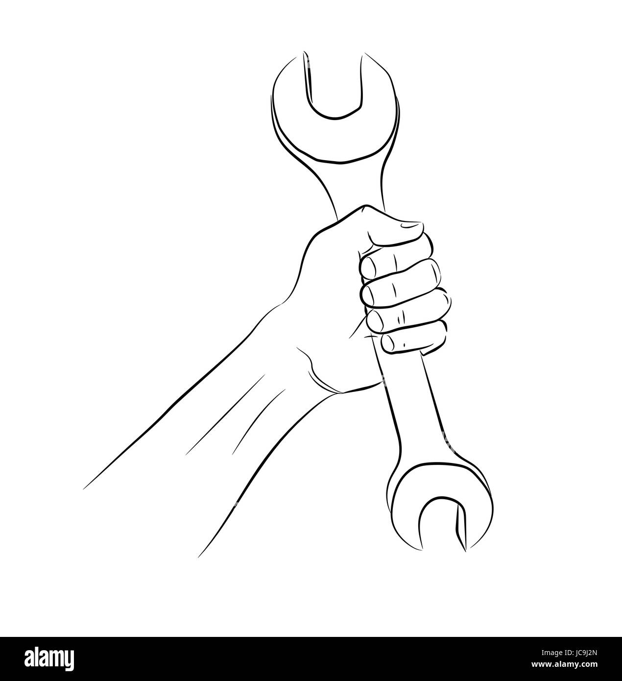 Hand Männer männliche Arm Faust halten hält Faust Spanner Schraubenschlüssel Schlüsselinstrument. Vektor-close-up quadratische Linie Umriss schwarze Kunst Illustration schöne Seite Ansicht Zeichen Stock Vektor