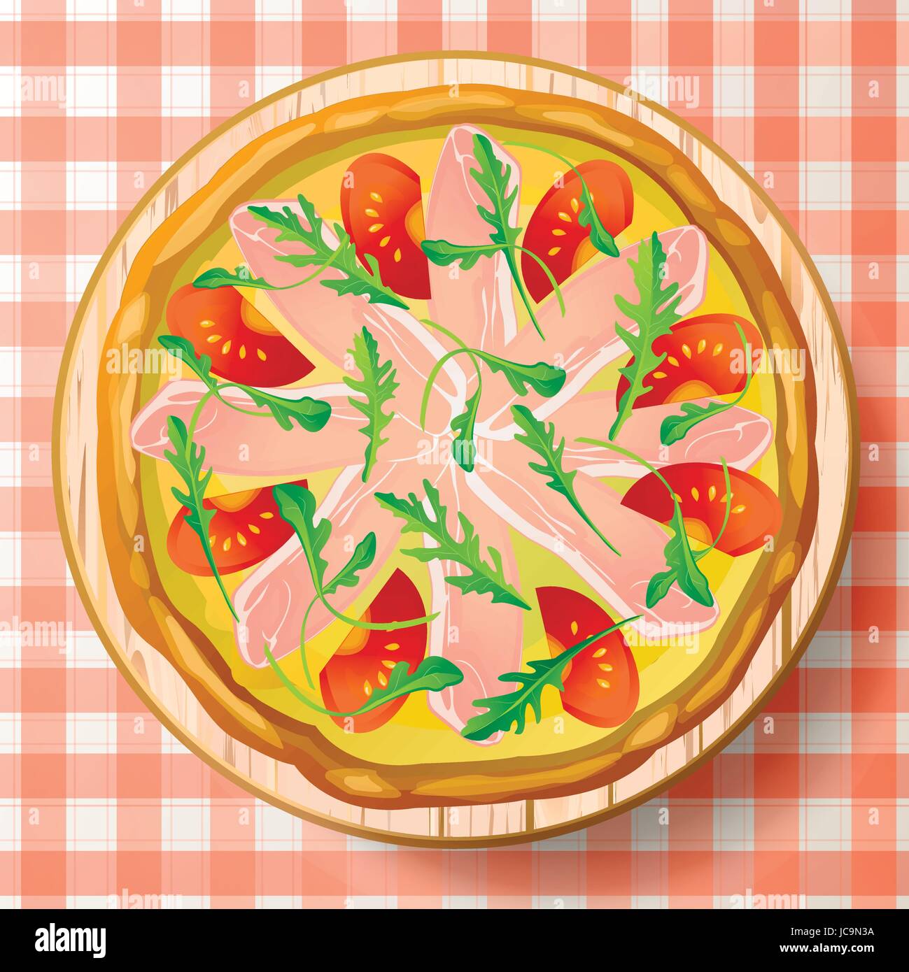 Pizza mit italienischer Schinken, Parmaschinken, Käse Mozzarella, frische Tomaten, leckere Rucola oder Rakete, Rucola, Rucoli, Rugula, Colewort, Roquette auf woode Stock Vektor